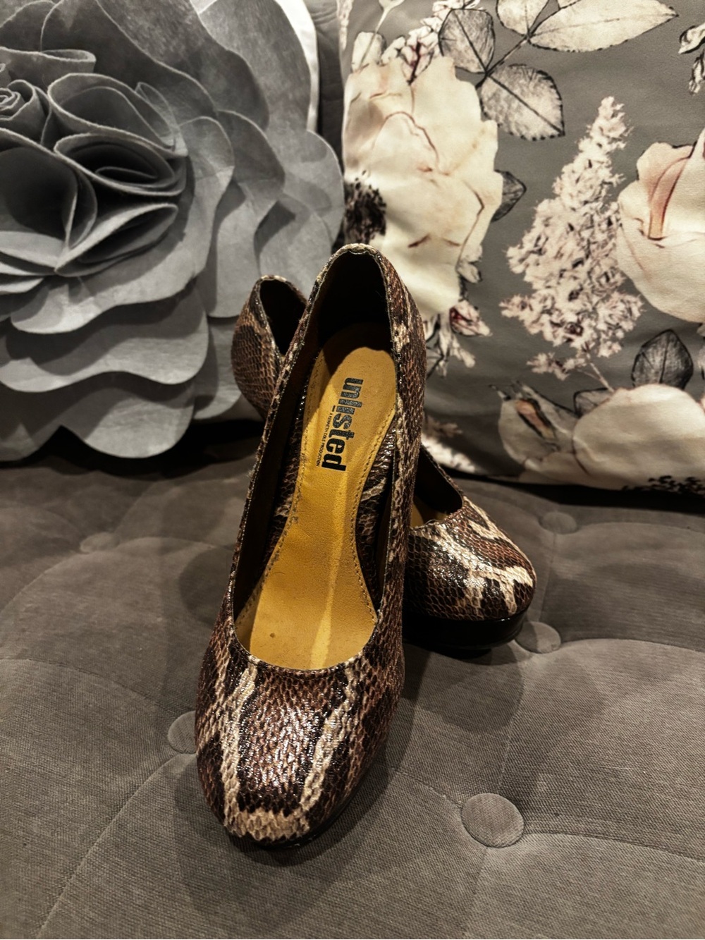 Unlisted by Kenneth Cole Brown Snake-Print Heels